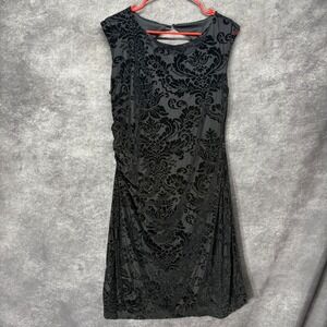 Y2K APT 9 Black Velvet Burnout Sheath Dress Size L Baroque Keyhole Back Ruched